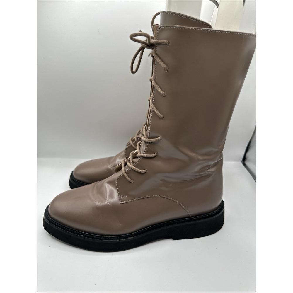 Anthropologie Pilcro Boots Stompy Genuine Patent Leather Lace Up Taupe 39 Combat - Picture 6 of 12